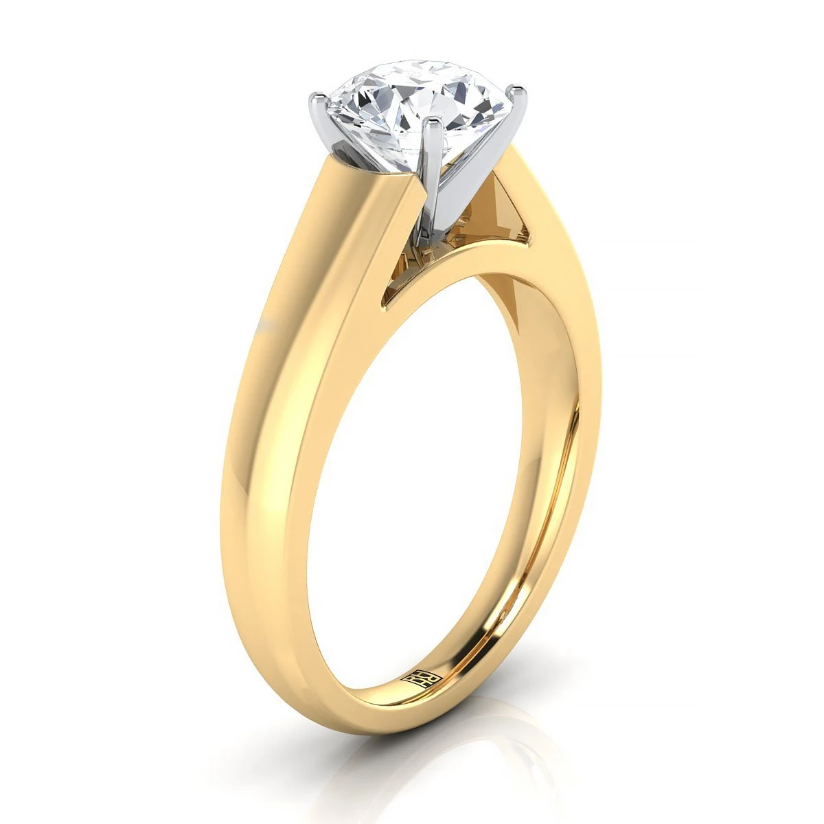 18K Yellow Gold Round BrilliantHigh Polished Signet Style Tapered Solitaire Engagement Ring - Image 2