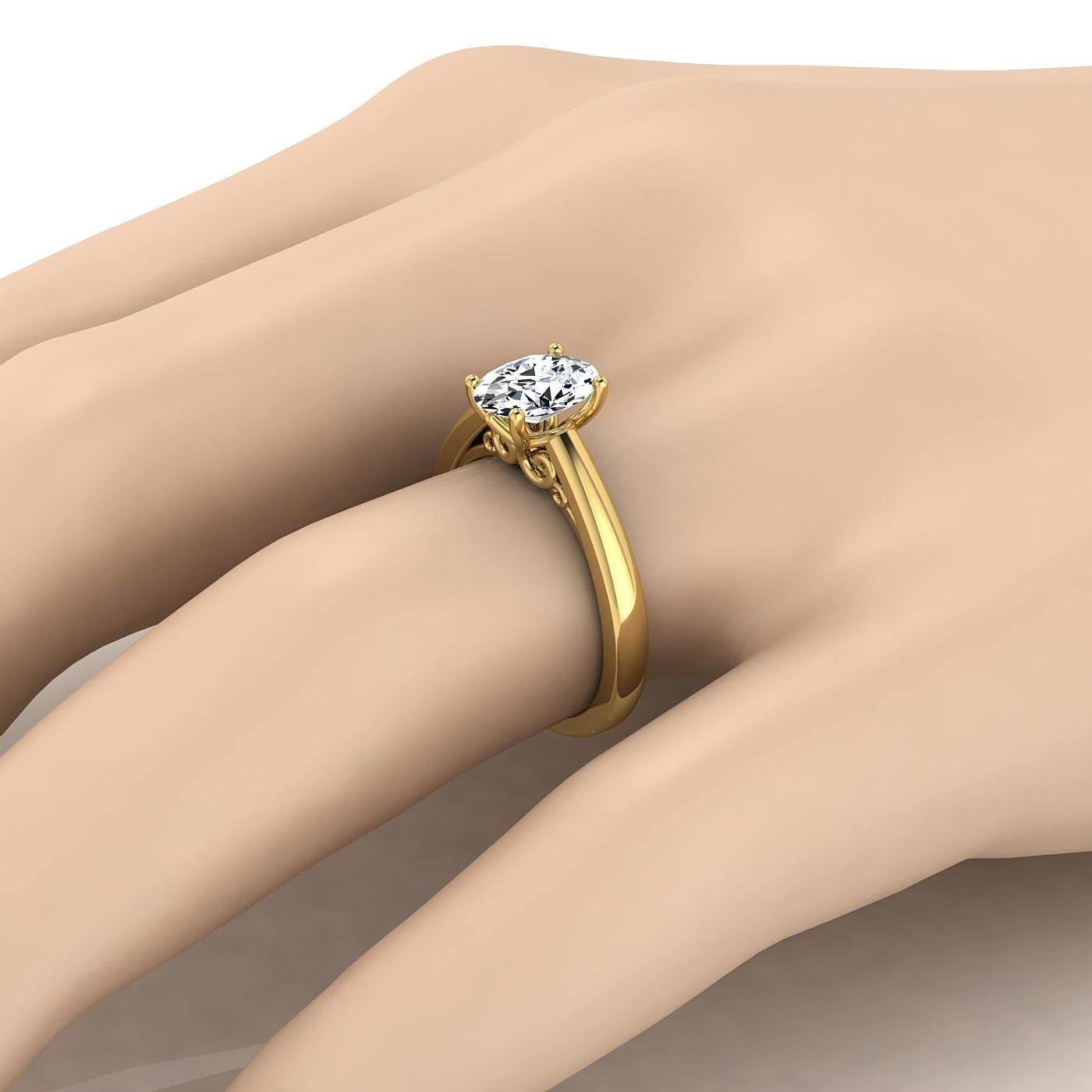 14K Yellow Gold Oval Scroll Gallery Comfort Fit Solitaire Engagement Ring - Image 3
