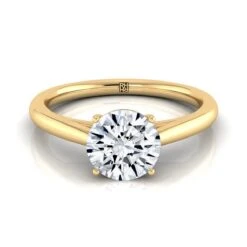18K Yellow Gold Round Brilliant Rounded Comfort Fit Secret Stone Solitaire Engagement Ring