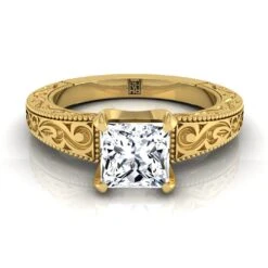 18K Yellow Gold Princess Cut Hand Engraved Scroll Vintage Solitaire Engagement Ring