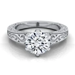 Platinum Round Brilliant Hand Engraved Scroll Vintage Solitaire Engagement Ring