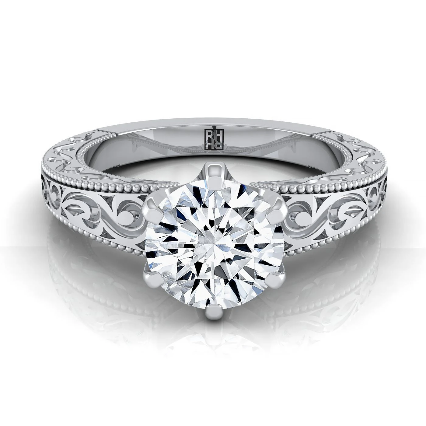 Platinum Round Brilliant Hand Engraved Scroll Vintage Solitaire Engagement Ring