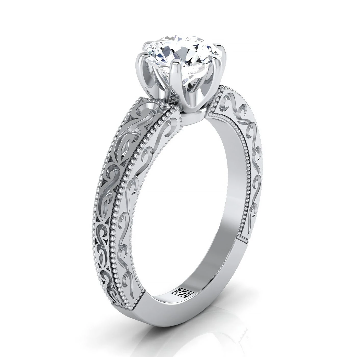 Platinum Round Brilliant Hand Engraved Scroll Vintage Solitaire Engagement Ring - Image 2
