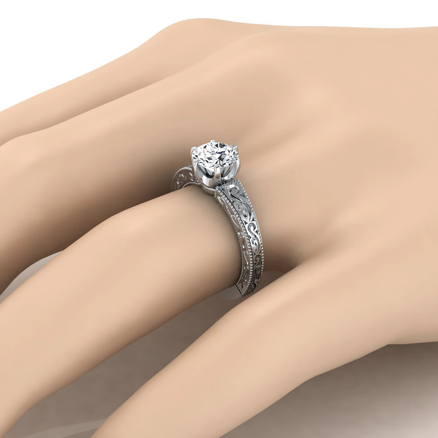 Platinum Round Brilliant Hand Engraved Scroll Vintage Solitaire Engagement Ring - Image 3