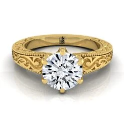 14K Yellow Gold Round Brilliant Hand Engraved Scroll Vintage Solitaire Engagement Ring