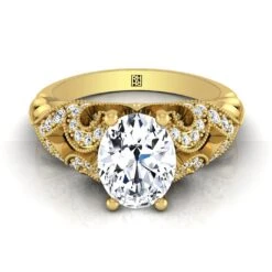 14K Yellow Gold Oval Beautiful Open Scroll And Antique Bead Diamond Engagement Ring -1/3ctw