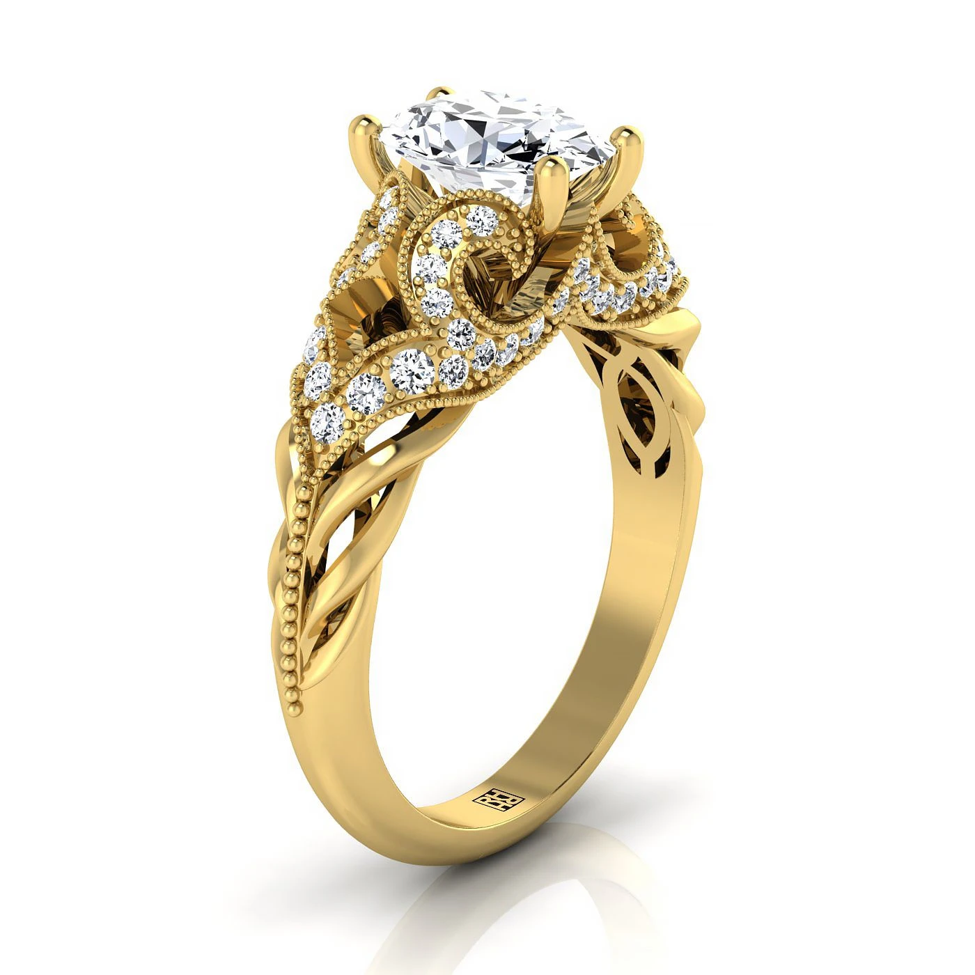 14K Yellow Gold Oval Beautiful Open Scroll And Antique Bead Diamond Engagement Ring -1/3ctw - Image 2