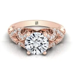 14K Rose Gold Round Brilliant Beautiful Open Scroll And Antique Bead Diamond Engagement Ring -1/3ctw