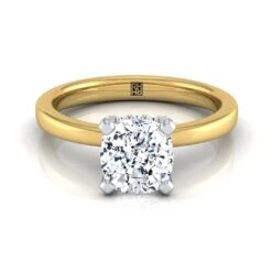 18K Yellow Gold Cushion Diamond Hidden Pave Basket Crown Solitaire Engagement Ring -1/10ctw