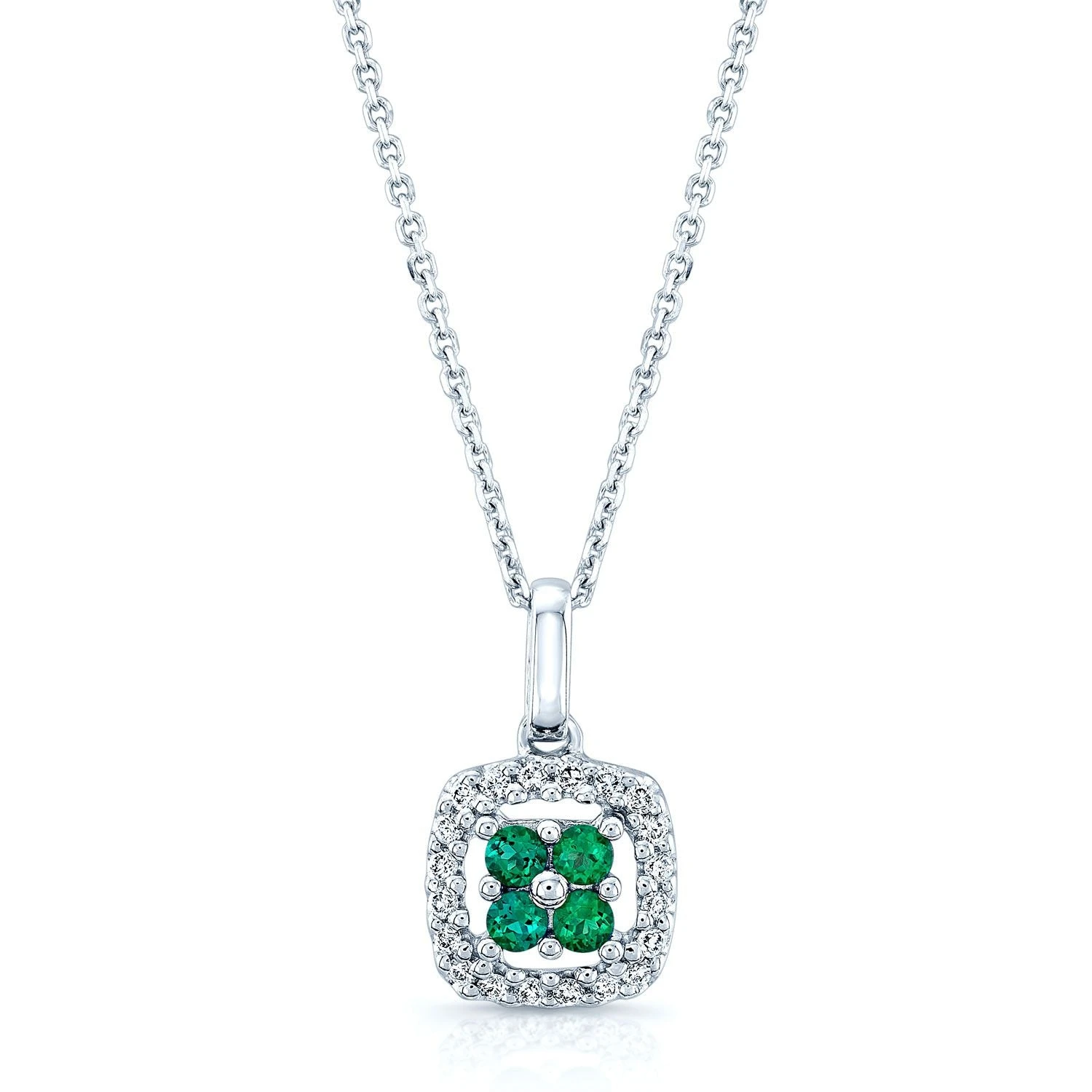 Created Emerald And Diamond Clover Pendant In 14k White Gold ( 18-in Curb Chain)