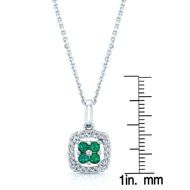 Created Emerald And Diamond Clover Pendant In 14k White Gold ( 18-in Curb Chain) - Image 3