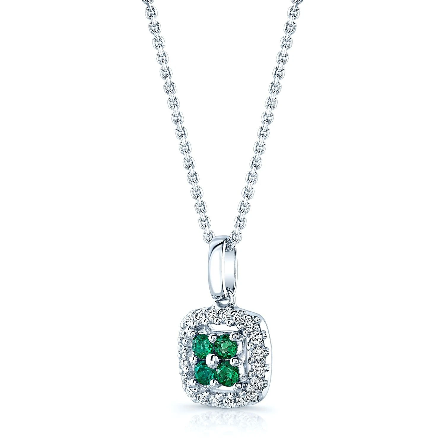 Created Emerald And Diamond Clover Pendant In 14k White Gold ( 18-in Curb Chain) - Image 2