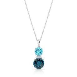 Blue Topaz And Diamond Stacked Round Pendant In 14k White Gold 16-18 Inch Adj Rolo Chain