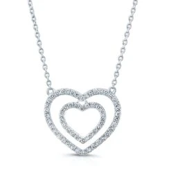 Diamond Double Heart Frame Necklace In 14k White Gold, 16-inch Chain