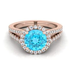 14K Rose Gold Round Brilliant Swiss Blue Topaz Halo Center With French Pave Split Shank Engagement Ring -3/8ctw