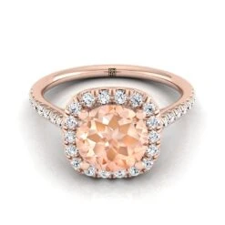 14K Rose Gold Round Brilliant Morganite Simple Prong Set Halo Engagement Ring -1/3ctw