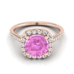 14K Rose Gold Round Brilliant Pink Sapphire Simple Prong Set Halo Engagement Ring -1/3ctw