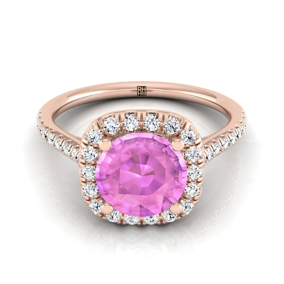 14K Rose Gold Round Brilliant Pink Sapphire Simple Prong Set Halo Engagement Ring -1/3ctw