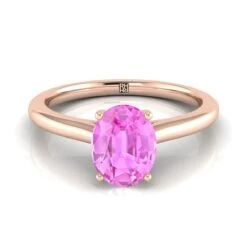 14K Rose Gold Oval Pink Sapphire Pinched Comfort Fit Claw Prong Solitaire Engagement Ring