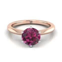 14K Rose Gold Round Brilliant Garnet Pinched Comfort Fit Claw Prong Solitaire Engagement Ring