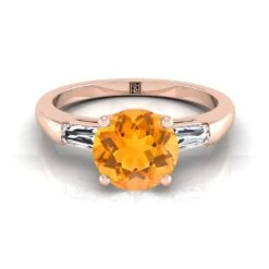 14K Rose Gold Round Brilliant Citrine Three Stone Tapered Baguette Engagement Ring -1/5ctw