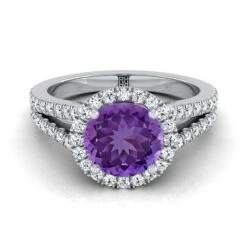 Platinum Round Brilliant Amethyst Halo Center With French Pave Split Shank Engagement Ring -3/8ctw