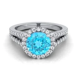 18K White Gold Round Brilliant Swiss Blue Topaz Halo Center With French Pave Split Shank Engagement Ring -3/8ctw