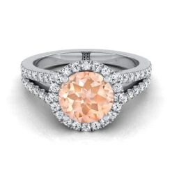 18K White Gold Round Brilliant Morganite Halo Center With French Pave Split Shank Engagement Ring -3/8ctw