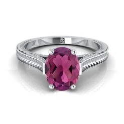 18K White Gold Oval Garnet Hand Engraved Vintage Cathedral Style Solitaire Engagement Ring