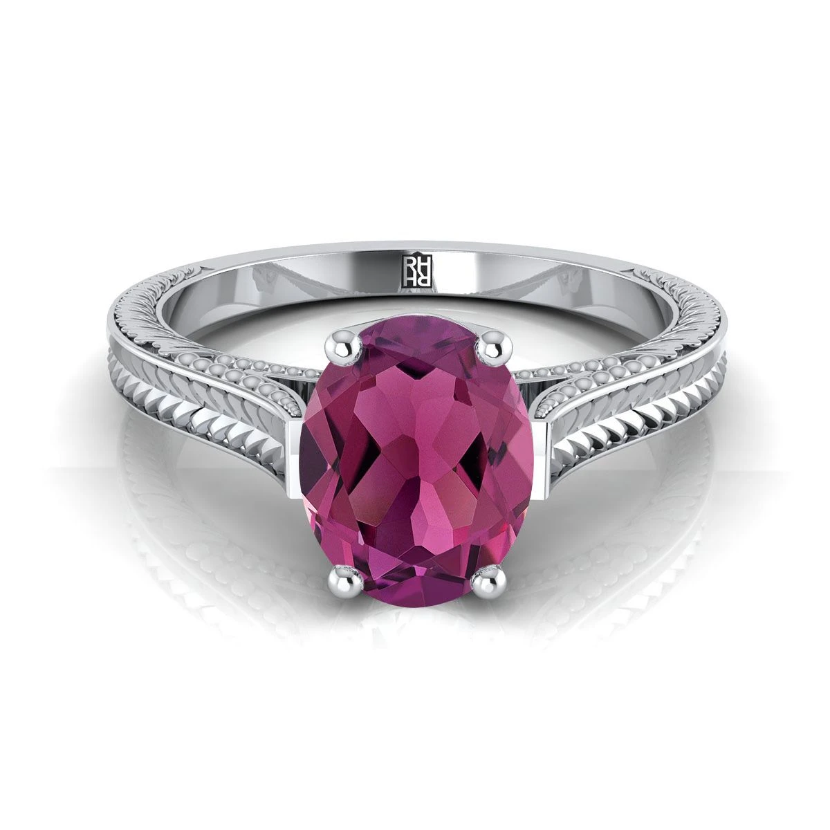 18K White Gold Oval Garnet Hand Engraved Vintage Cathedral Style Solitaire Engagement Ring