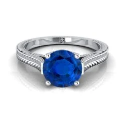 18K White Gold Round Brilliant Sapphire Hand Engraved Vintage Cathedral Style Solitaire Engagement Ring