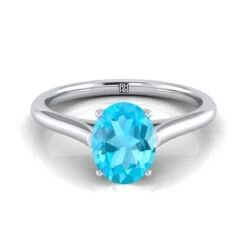 Platinum Oval Swiss Blue Topaz Cathedral Style Comfort Fit Solitaire Engagement Ring