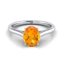 Platinum Oval Citrine Cathedral Style Comfort Fit Solitaire Engagement Ring