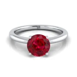 18K White Gold Round Brilliant Ruby Round Comfort Fit Claw Prong Solitaire Engagement Ring