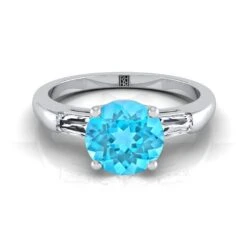 Platinum Round Brilliant Swiss Blue Topaz Three Stone Tapered Baguette Engagement Ring -1/5ctw