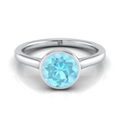 14K White Gold Round Brilliant Aquamarine Simple Bezel Solitaire Engagement Ring
