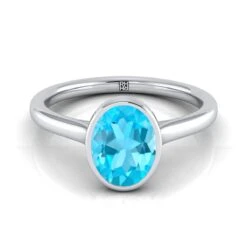 Platinum Oval Swiss Blue Topaz Simple Bezel Solitaire Engagement Ring