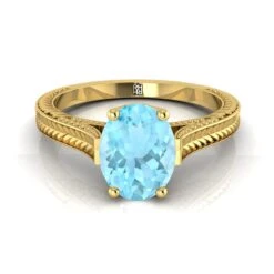 18K Yellow Gold Oval Aquamarine Hand Engraved Vintage Cathedral Style Solitaire Engagement Ring