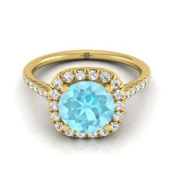 18K Yellow Gold Round Brilliant Aquamarine Simple Prong Set Halo Engagement Ring -1/3ctw