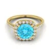 18K Yellow Gold Round Brilliant Swiss Blue Topaz Simple Prong Set Halo Engagement Ring -1/3ctw