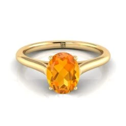 14K Yellow Gold Oval Citrine Cathedral Style Comfort Fit Solitaire Engagement Ring