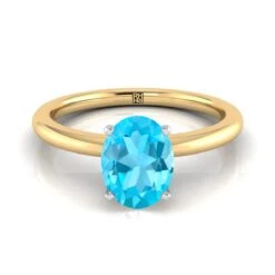 14K Yellow Gold Oval Swiss Blue Topaz Round Comfort Fit Claw Prong Solitaire Engagement Ring