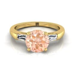 18K Yellow Gold Round Brilliant Morganite Three Stone Tapered Baguette Engagement Ring -1/5ctw